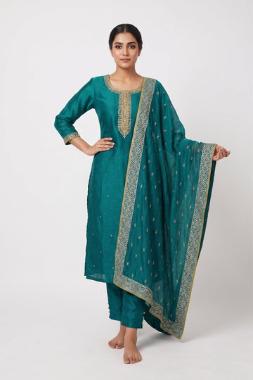 Royal Teal Embroidered Kurta Set With Dupatta