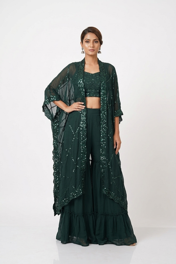 Emerald Green Sequin Co-Ord Set With Crop Top, Sharara & Jacket