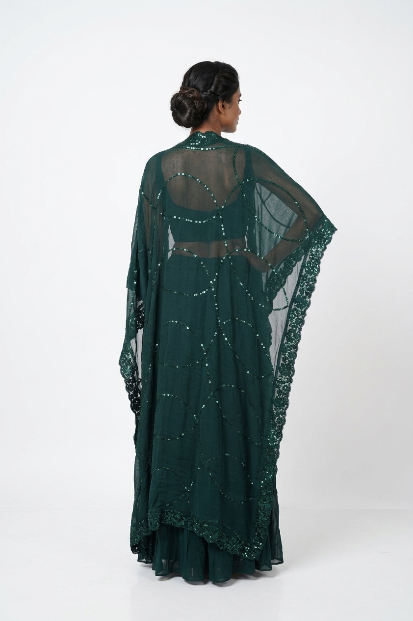 Emerald Green Sequin Co-Ord Set With Crop Top, Sharara & Jacket