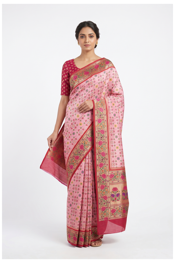 Deep Pink Banarasi Silk Patola Saree With Floral Border