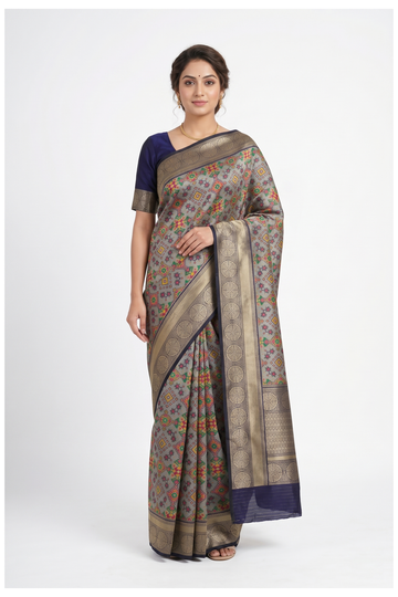 Muted Grey Banarasi Silk Saree,Patola Saree With Weaving