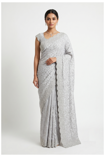 Silver Grey Banarasi Art Silk Wedding & Party Wear Saree