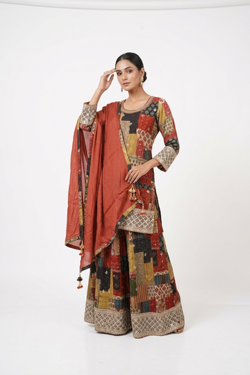 Rust Multicolor Patchwork Anarkali Set With Dupatta