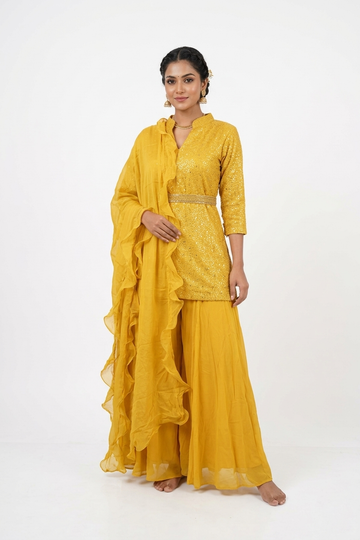 Yellow Sequin Kurta Sharara Set With Ruffle Dupatta