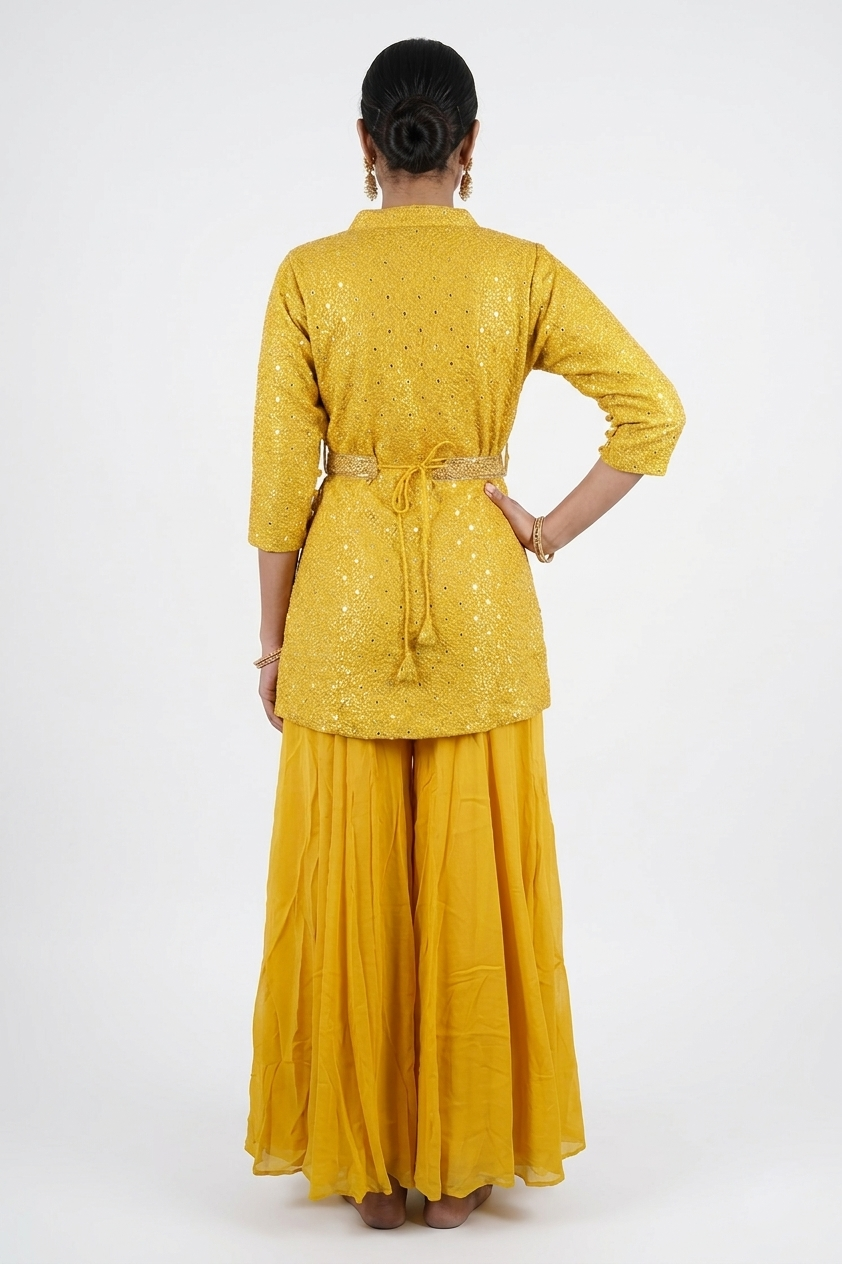 Yellow Sequin Kurta Sharara Set With Ruffle Dupatta