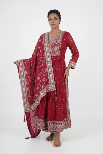 Crimson Red Embroidered Anarkali Kurta Set With Dupatta