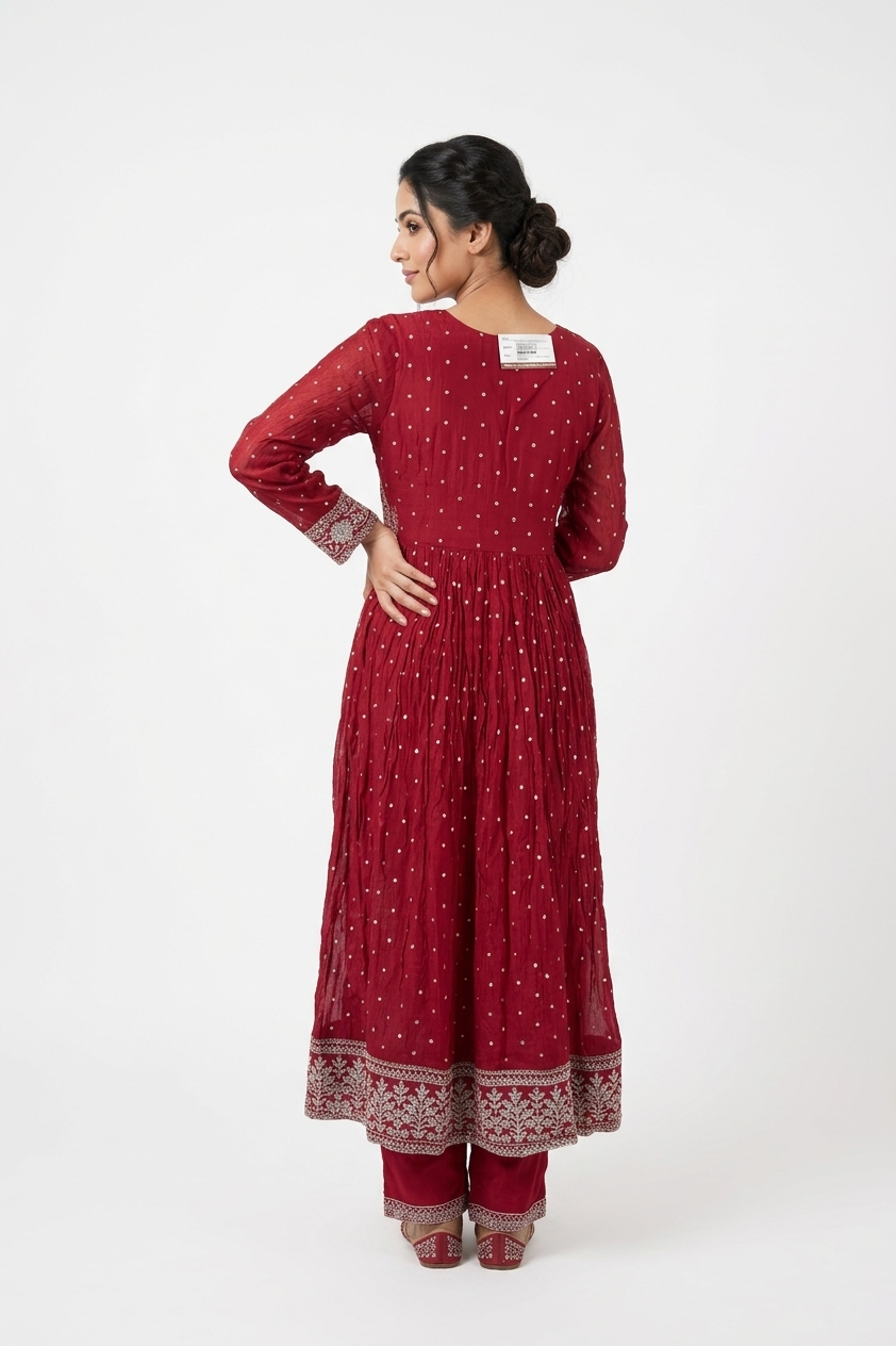 Crimson Red Embroidered Anarkali Kurta Set With Dupatta