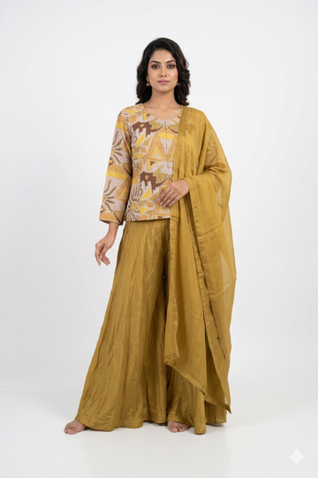 Mustard Printed Top With Flared Palazzo & Organza Dupatta Set