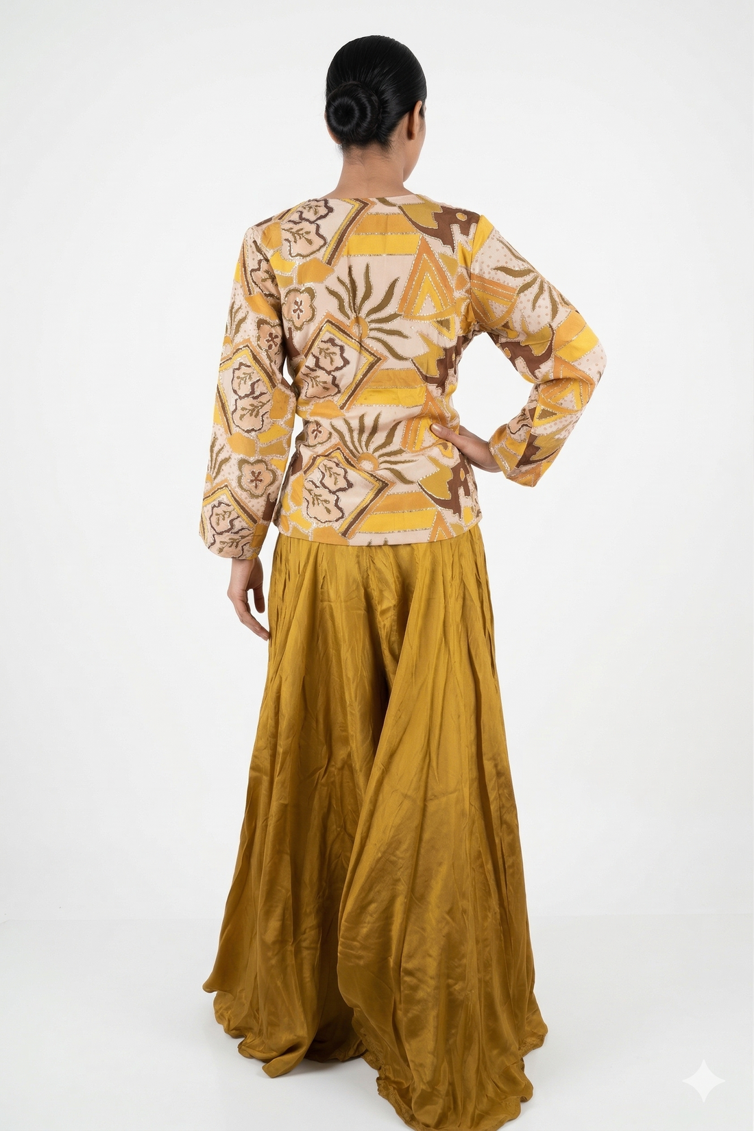 Mustard Printed Top With Flared Palazzo & Organza Dupatta Set