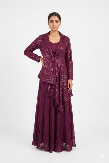 Wine Sequin Embroidered Jacket With Crop Top & Flared Skirt Set