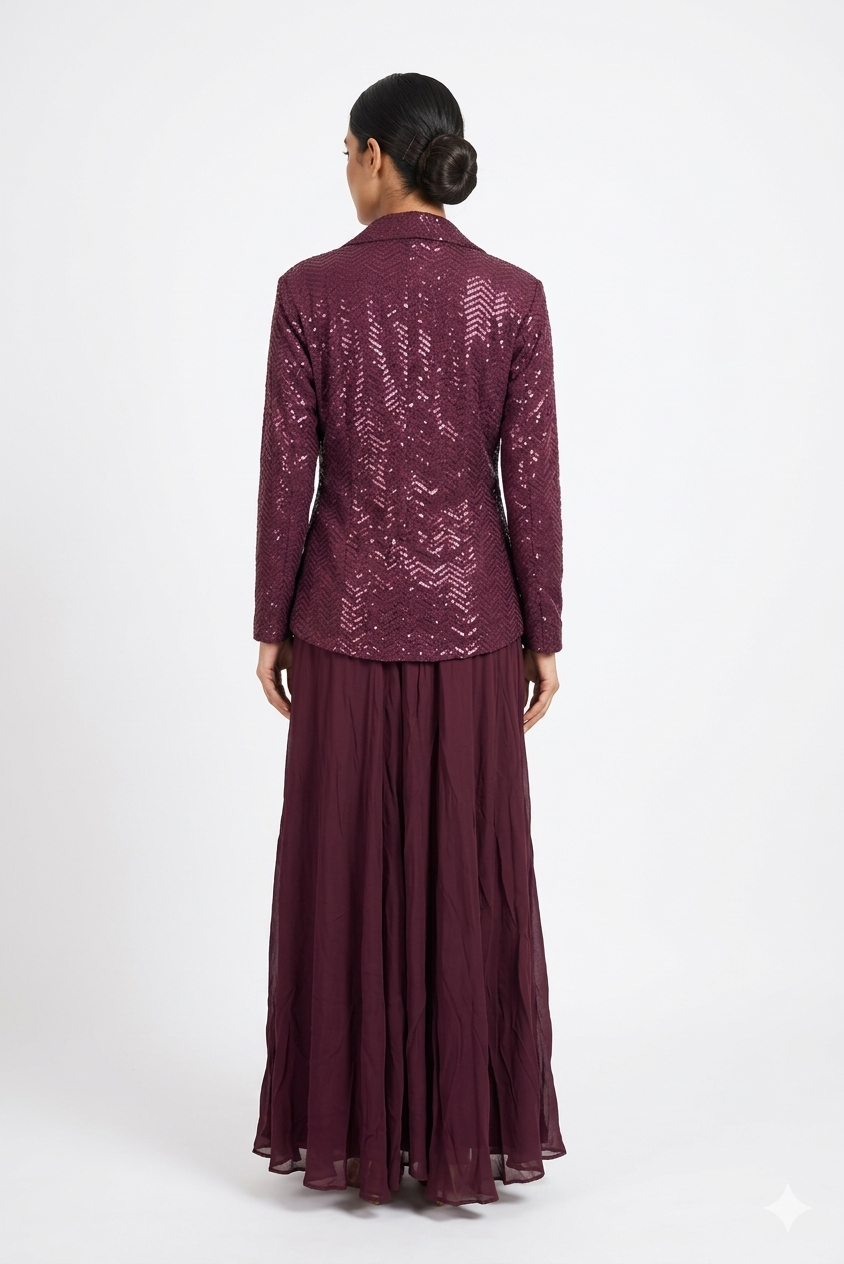 Wine Sequin Embroidered Jacket With Crop Top & Flared Skirt Set