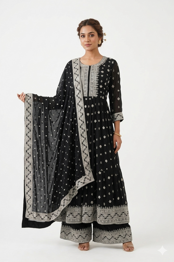 Black & Silver Embroidered Anarkali Kurta With Palazzo & Dupatta Set