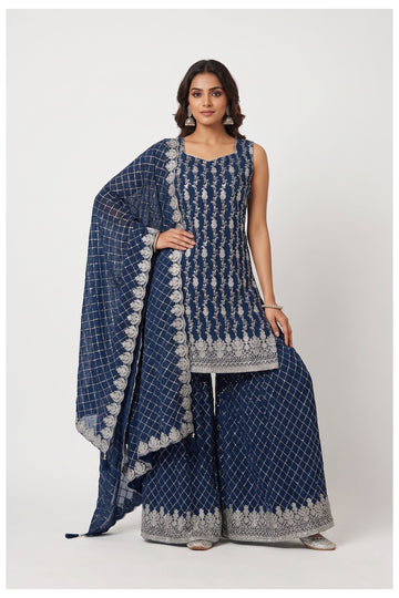 Navy Blue Embroidered Kurta Palazzo Set With Dupatta