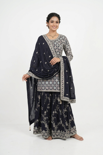 Dark Navy Blue Embroidered Kurta Sharara Set With Dupatta