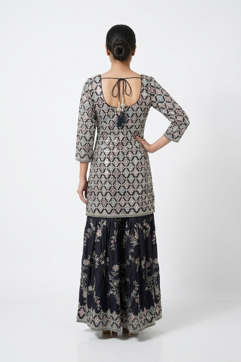 Dark Navy Blue Embroidered Kurta Sharara Set With Dupatta