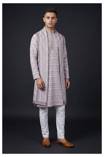 Lavender Printed Kurta Set With Matching Stole
