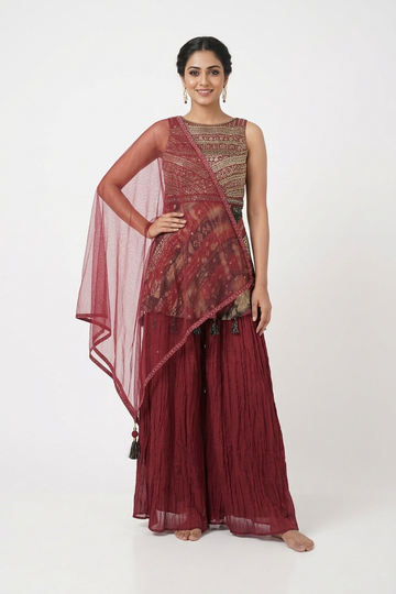 Wine Red Embroidered Peplum Kurta & Sharara Set With Dupatta