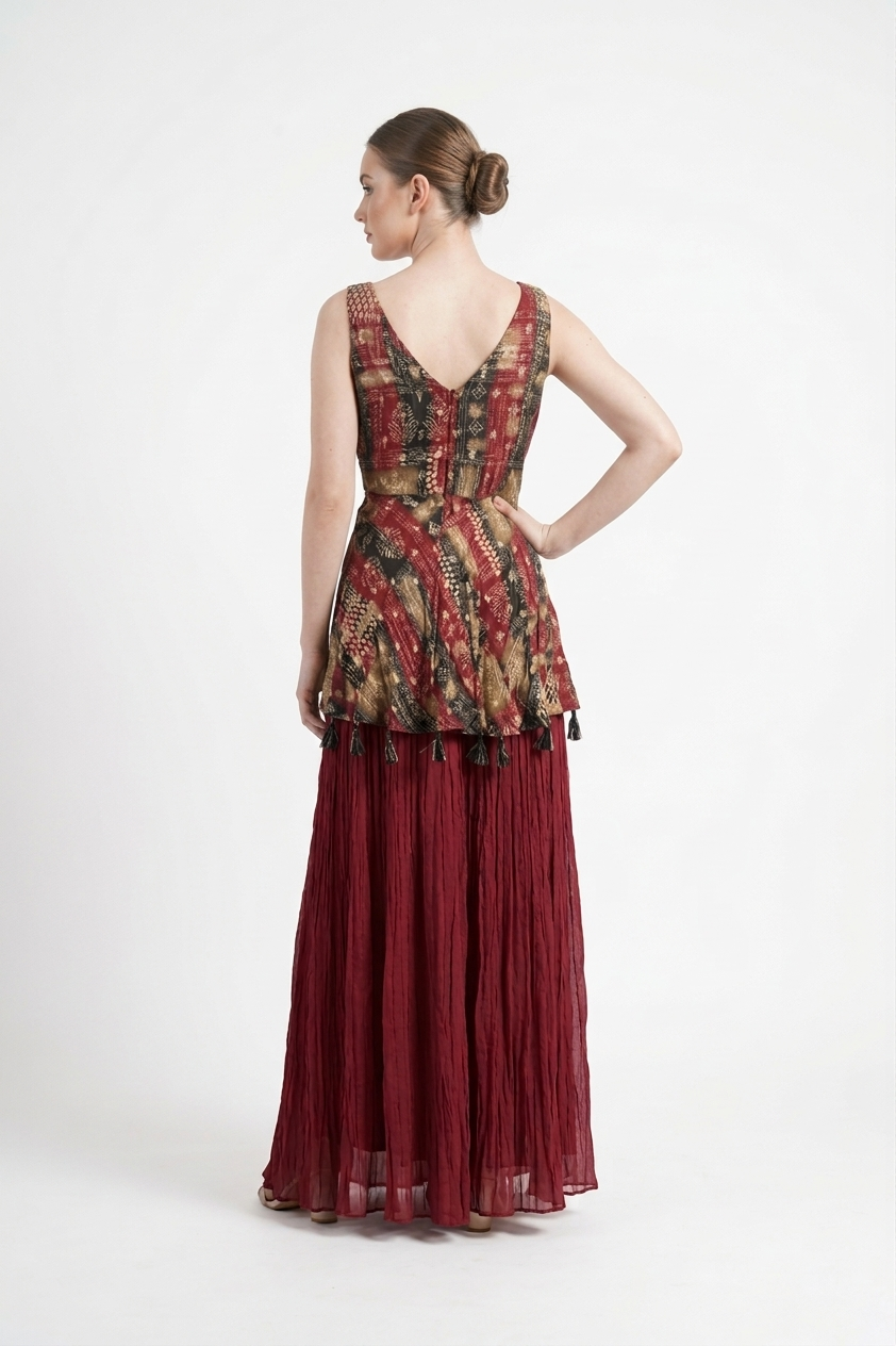 Wine Red Embroidered Peplum Kurta & Sharara Set With Dupatta
