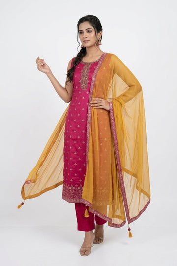 Rani Pink Festive Kurta Set With Mustard Dupatta