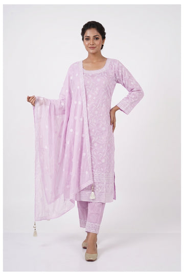 Lavender Embroidered Kurta Pant Set With Dupatta