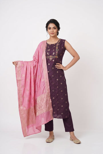 Royal Plum Kurta Set With Pink Banarasi Dupatta