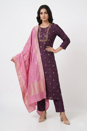 Royal Wine Silk Kurta Set With Pink Dupatta