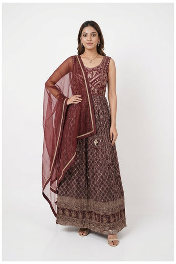 Maroon Embroidered Anarkali Gown With Dupatta