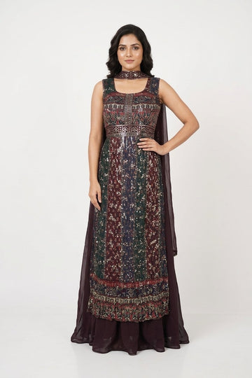 Wine Multicolor Embroidered Anarkali Suit With Dupatta