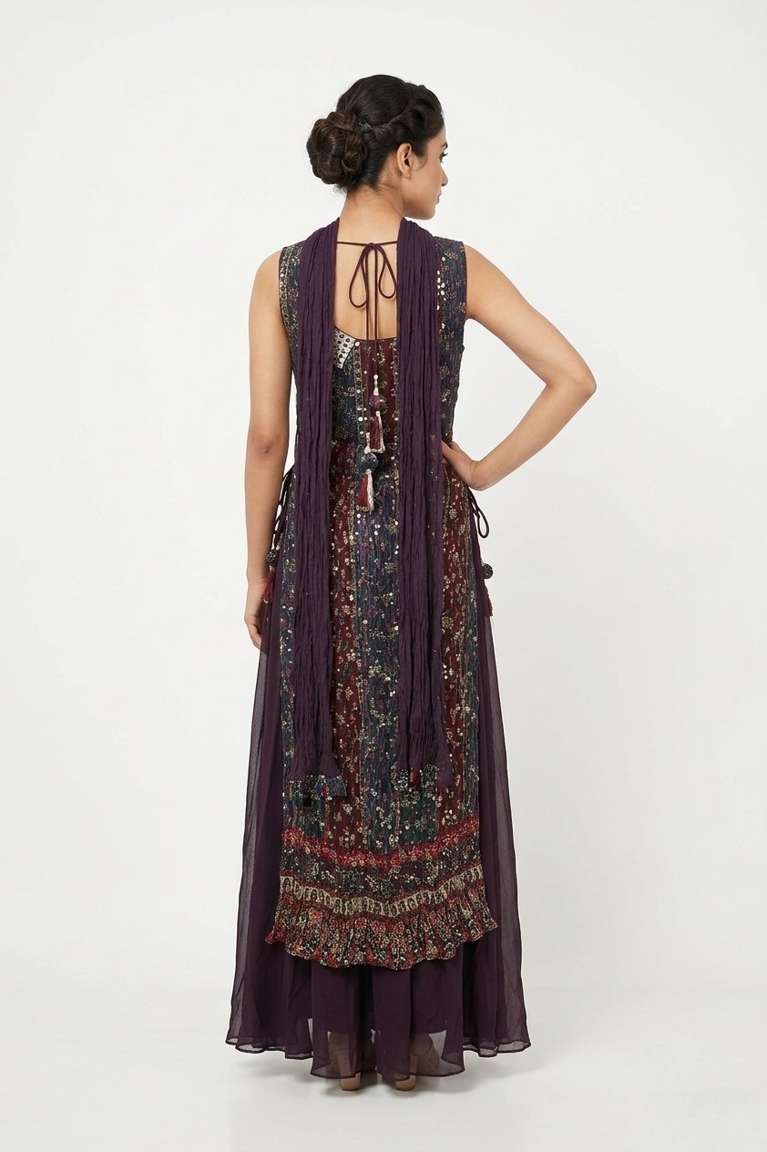 Wine Multicolor Embroidered Anarkali Suit With Dupatta