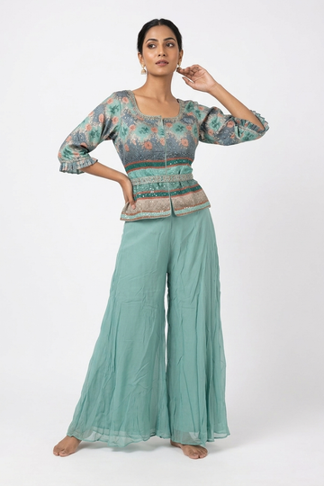 Pastel Mint Green  Printed Peplum Top With Flared Palazzo Set