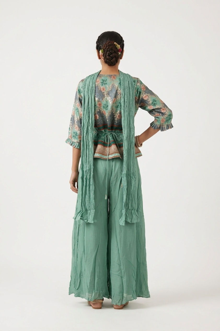 Pastel Mint Green  Printed Peplum Top With Flared Palazzo Set