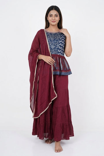 Navy Blue & Maroon Printed Peplum Kurta Sharara Set With Dupatta