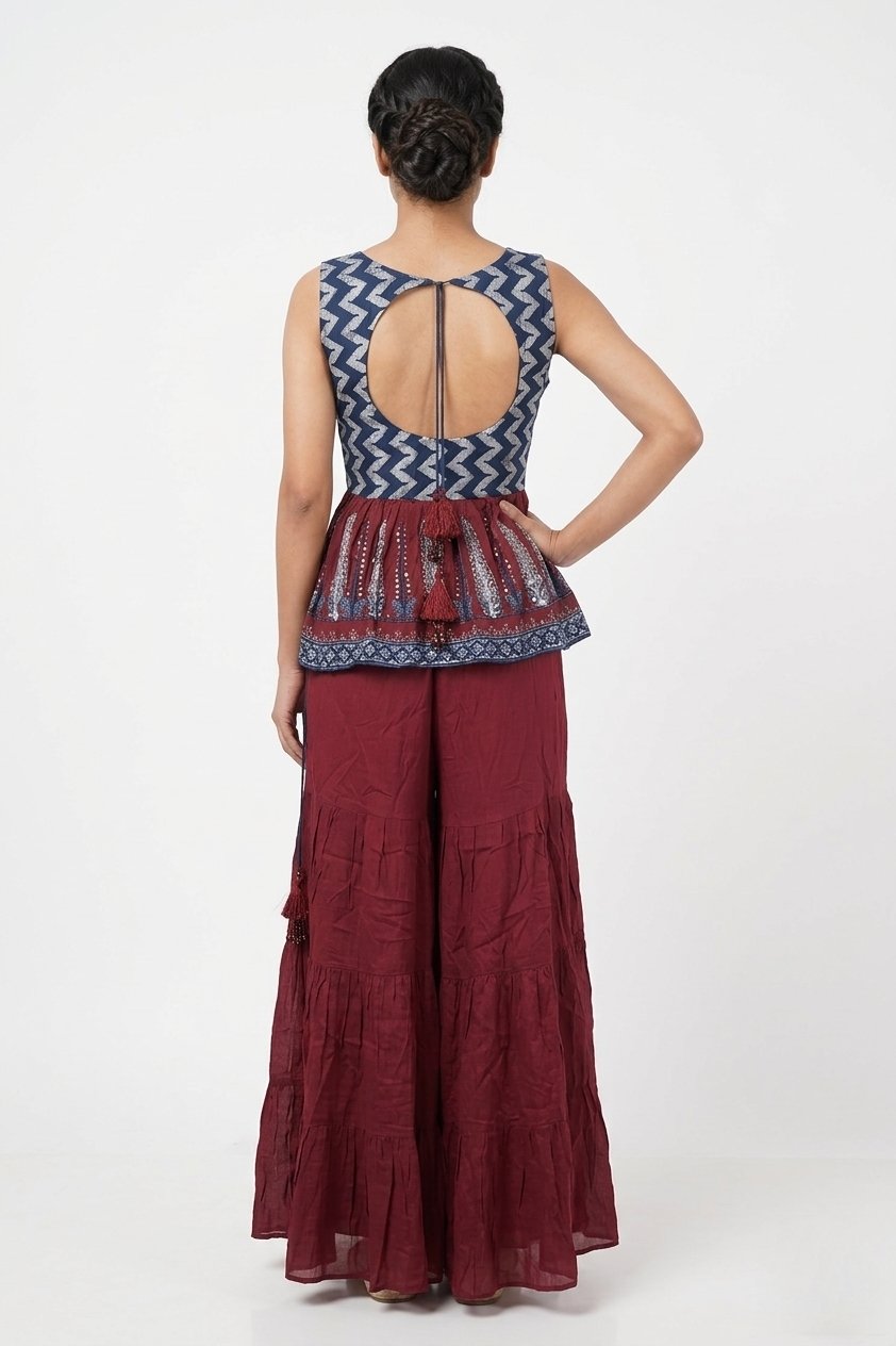 Navy Blue & Maroon Printed Peplum Kurta Sharara Set With Dupatta