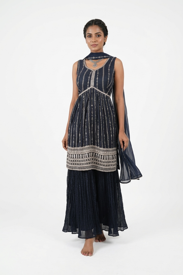 Dark Navy Blue Embellished Kurta Sharara Set With Dupatta