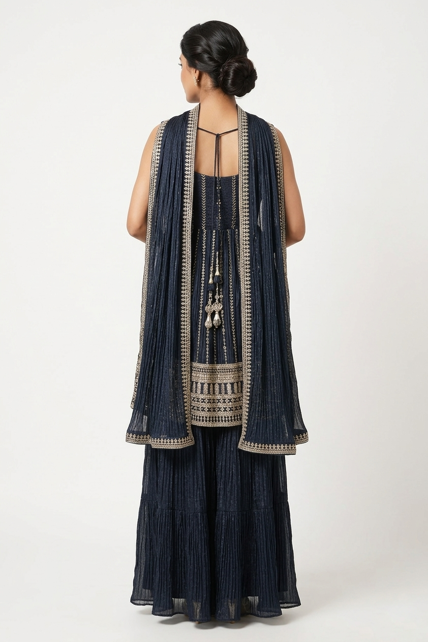 Dark Navy Blue Embellished Kurta Sharara Set With Dupatta