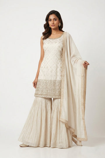 Ivory Embroidered Kurta Sharara Set With Dupatta