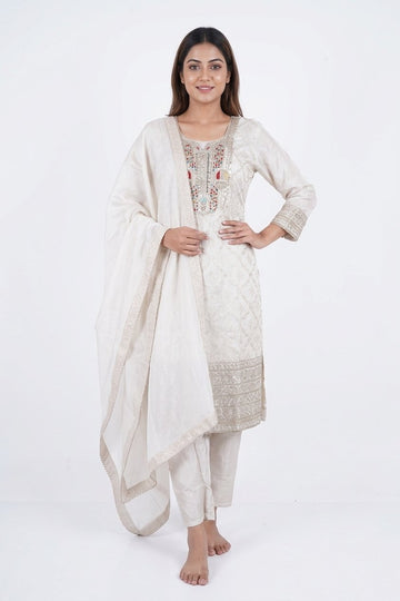 Ivory Embroidered Straight Kurta Pant Set With Dupatta