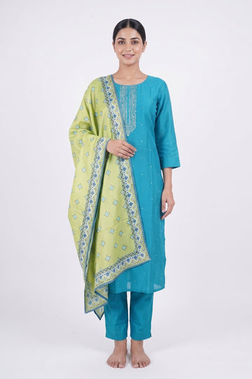 Turquoise Grace Kurta Pant Set With Lime Dupatta