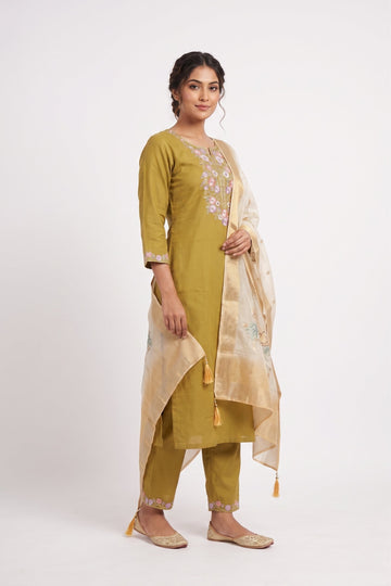 Mustard Gold Embroidered Kurta Set With Organza Dupatta