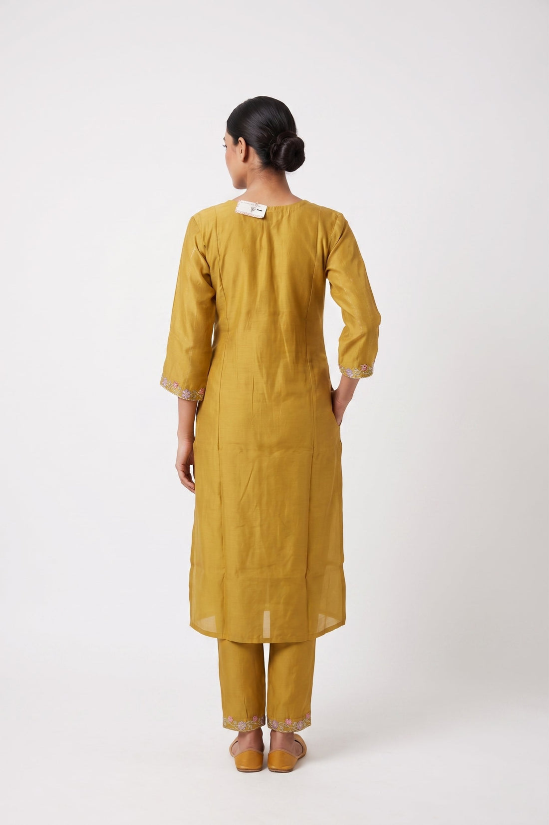 Mustard Gold Embroidered Kurta Set With Organza Dupatta