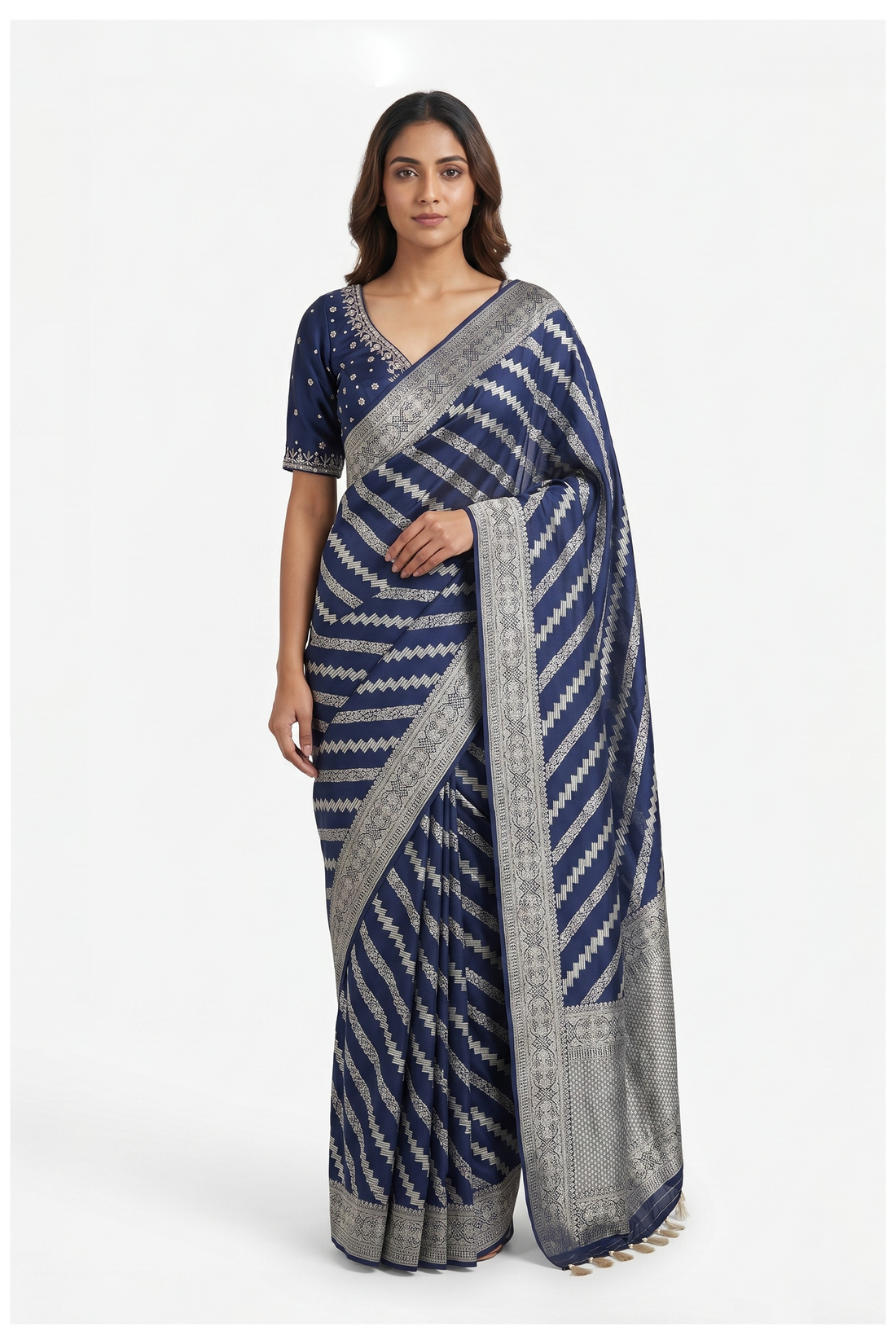 Navy Blue Banarasi Dola Silk Wedding Party Wear Saree