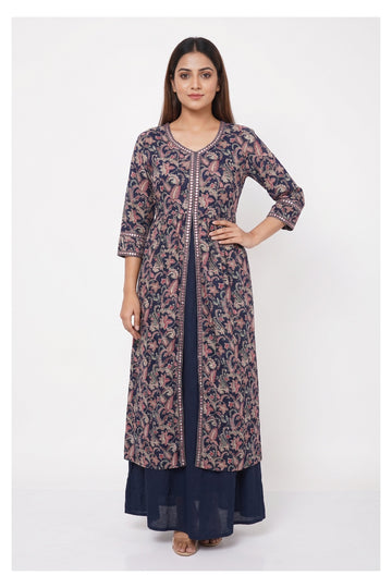 Navy Blue Floral Printed Layered Indowestern Dress