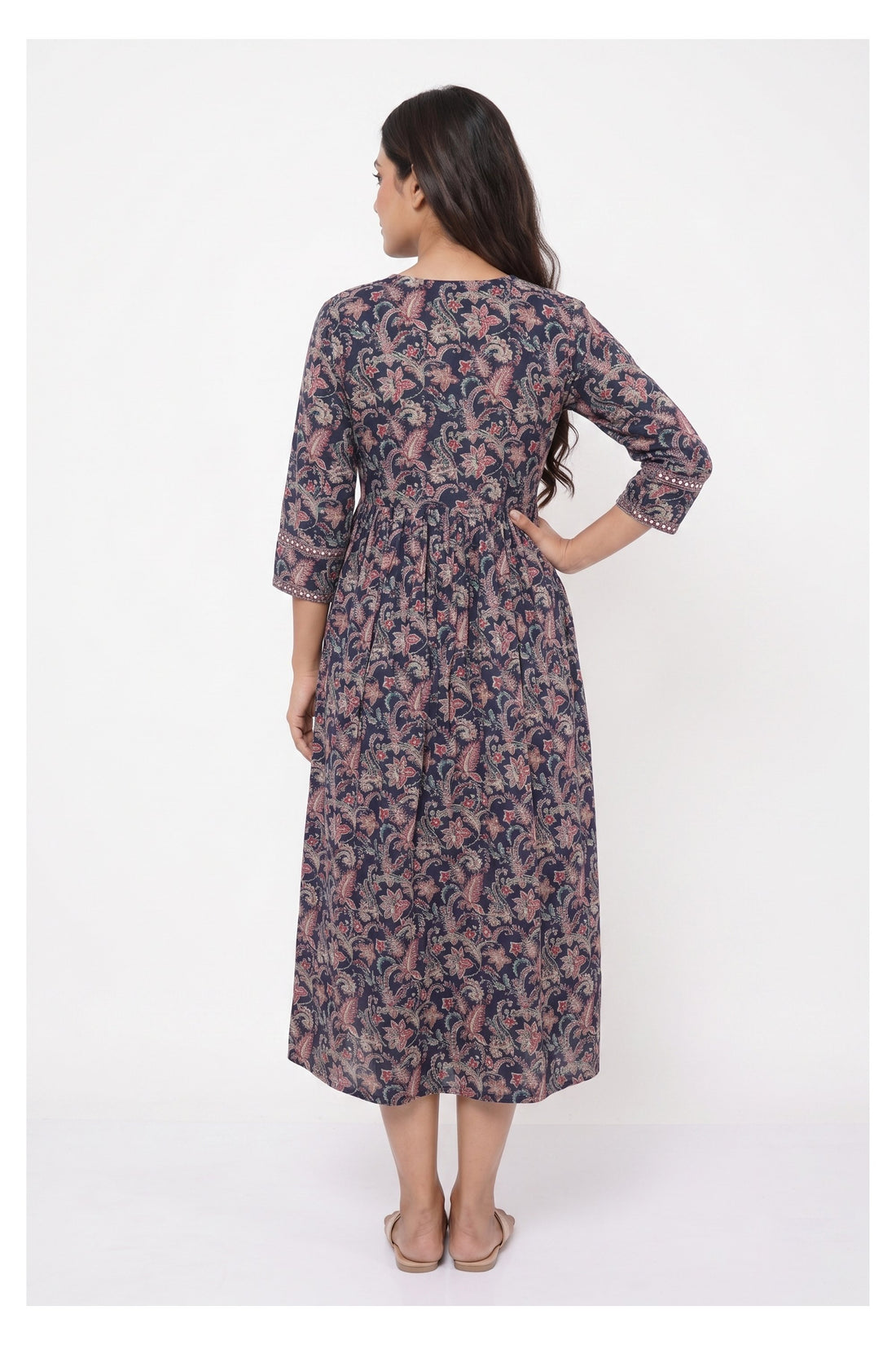 Navy Blue Floral Printed Layered Indowestern Dress