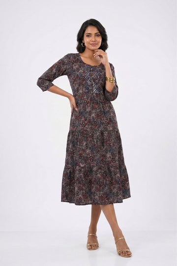 Charcoal Printed Flared Midi Dress