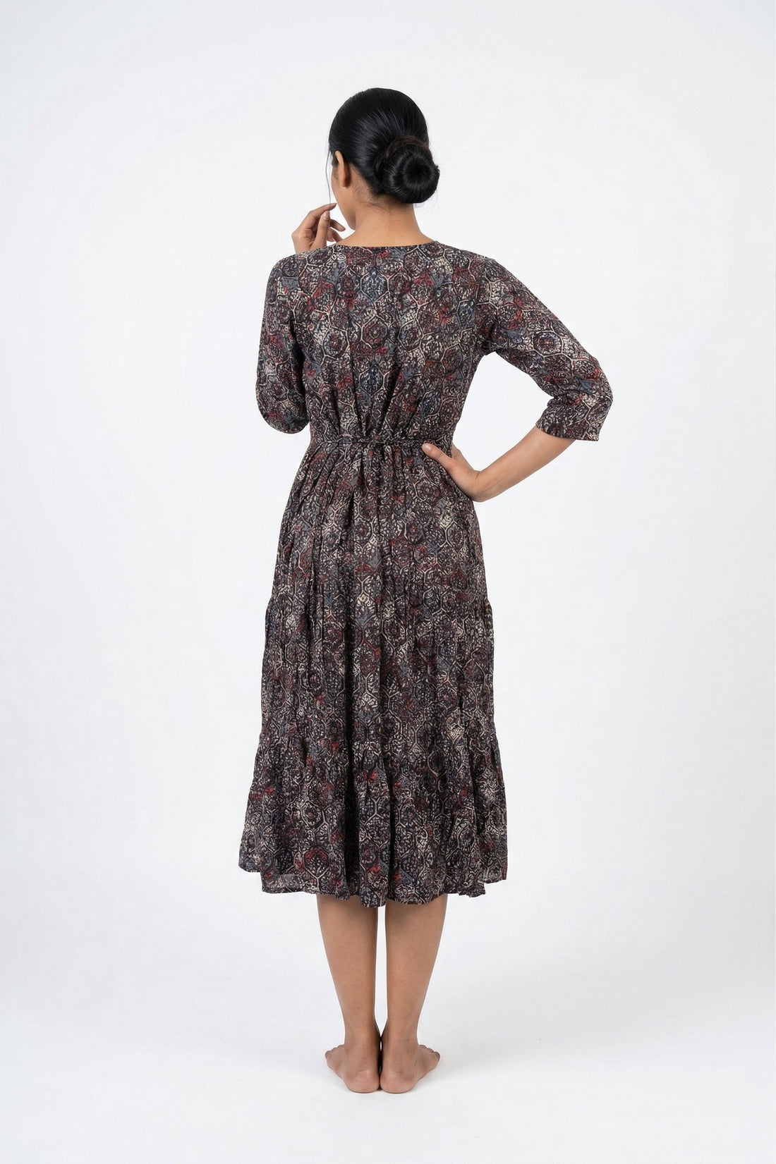 Charcoal Printed Flared Midi Dress