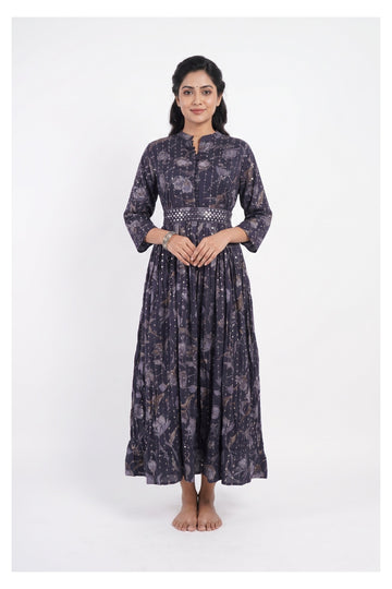 Charcoal Grey Floral Printed Maxi Indowestern Dress
