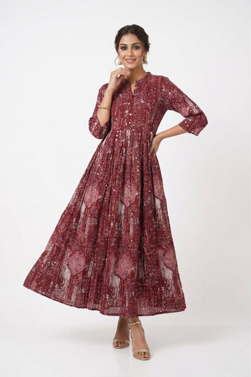 Wine Printed Flared Maxi Dress
