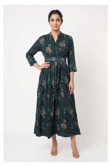 Emerald Green Floral Printed Flared Indowestern Dress