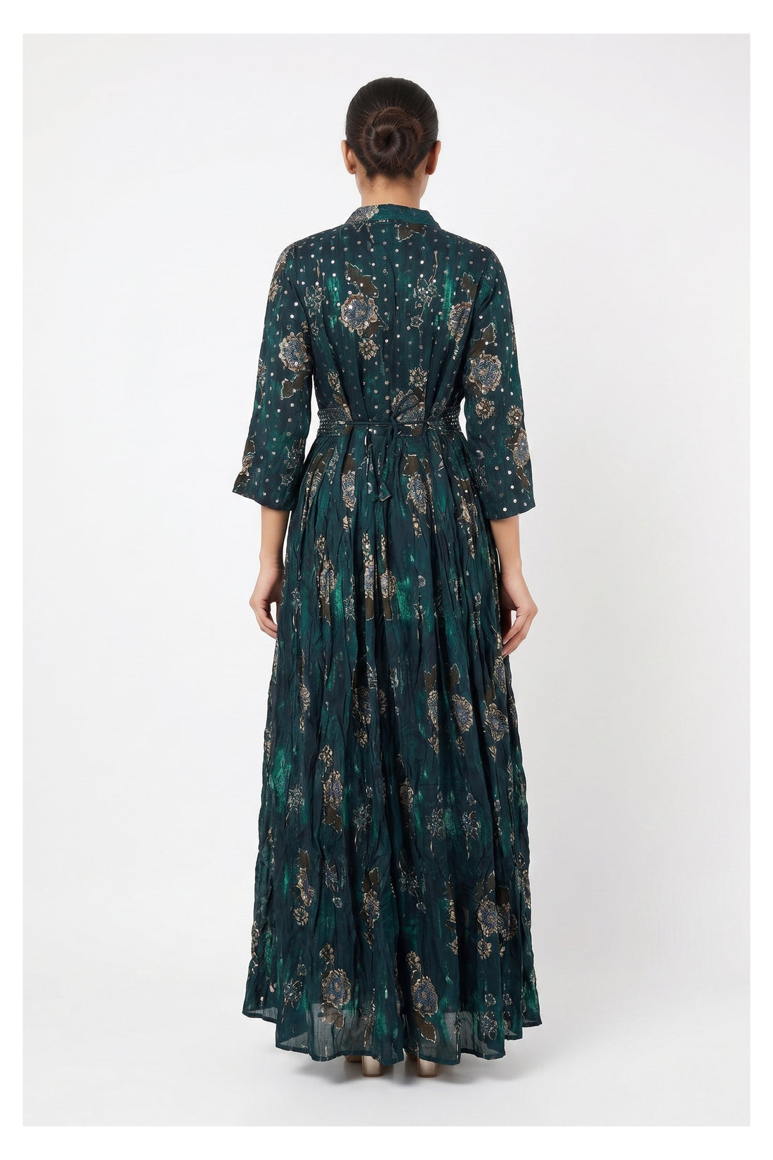 Emerald Green Floral Printed Flared Indowestern Dress