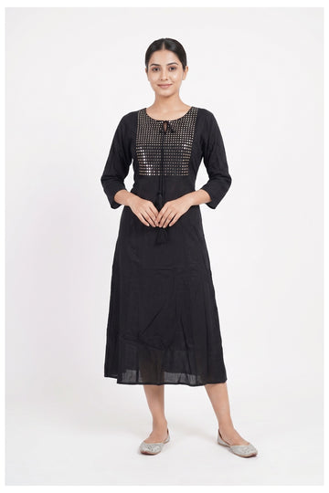 Classic Black Mirror Work A-Line Dress